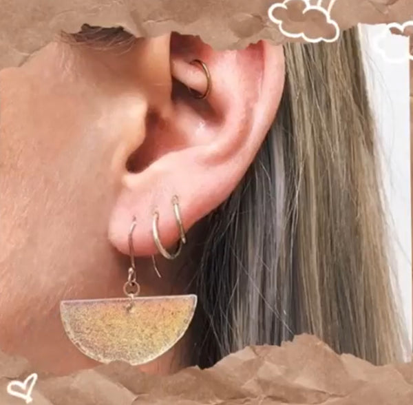 Half-moon dichroic glass and rose gold filled wire earrings.