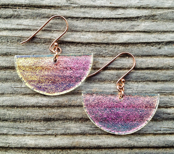 Half-moon dichroic glass and rose gold filled wire earrings.